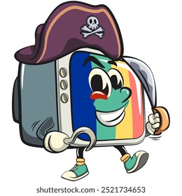 vintage tv monitor cartoon character mascot retro vector design as pirate with dagger, work of hand drawn