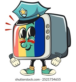 vintage tv monitor cartoon charakter maskottchen retro vektor design als polizist, arbeit handgezeichnet