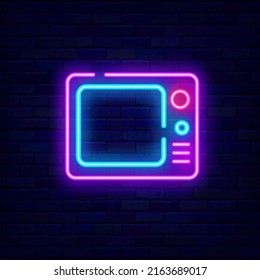 Vintage Tv Neon Icon. Social Media Signboard. Electronics Store Emblem. Shiny Effect Banner. Pictogram On Brick Wall. Luminous Label. Editable Stroke. Vector Stock Illustration