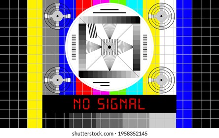 A Vintage TV Test Pattern With Caption No Signal, Offline, Disturbance, Error Sign, Vector, Website Down Error Sign, Vector