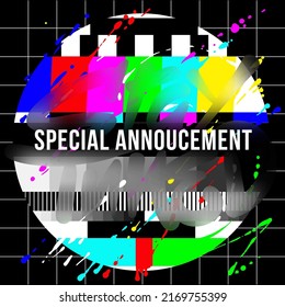 Vintage TV test pattern with caption Special announcement, offline, disturbance, error sign, website down sign, fictional. Vector illustration