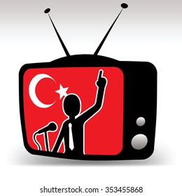 vintage tv with turkey flag and spokesman or politician 