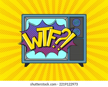 Vintage TV with WTF image. Pop art vector illustration
