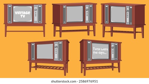 Vintage TVs with polished wooden frames and mid-century modern legs evoking nostalgia and memories of the golden age of television.