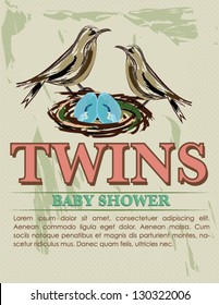 Vintage Twin Baby Shower Card with Birds and Nest