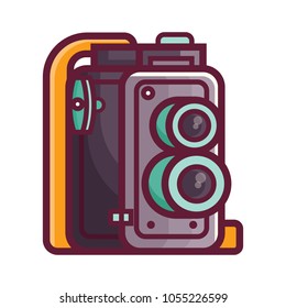 Vintage twin lens reflex camera icon. Old manual photographic equipment in line style. Retro photography analog device. Antique retro film camera.