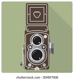 Vintage Twin Lens Reflex Camera Vector Icon. Flat Design Retro Vector Icon Of Vintage Medium Format Camera