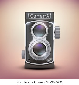 Vintage twin lens reflex camera. Front view. Realistic retro design of medium format camera. Vector Illustration