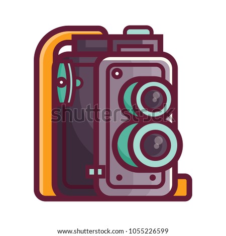 Vintage twin lens reflex camera icon. Old manual photographic equipment in line style. Retro photography analog device. Antique retro film camera.