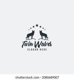 vintage twin wolves logo vector design template for business and printing. badge wolf logo vector illustration with silhouette and flat styles isolated on white background. 