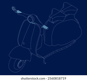 Vintage two wheeler scooter contour isolated vector illustration. Isometric view