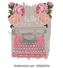 Vintage type machine drawing with vntage rose on the grunge background-vector