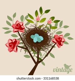 Vintage type nest and specked eggs in a rosebush - bird on word vintage (separate) 