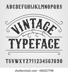 Vintage Typeface. Retro Distressed Alphabet Vector Font. Hand Drawn Letters And Numbers. Typeset For Labels, Headlines, Posters Etc.