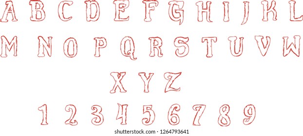 Vintage typewriter alphabet. Grunge gothic  vector font with red outline