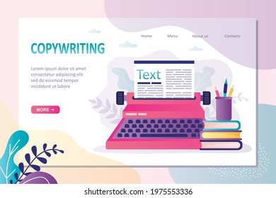 Vintage typewriter with article or message. Text for advertisements or blogs. Various writing accessories. Concept of copywriting and storytelling. Landing page template. Flat vector illustration