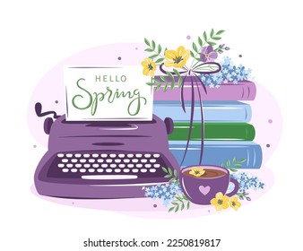 Vintage typewriter, books, cup coffee or tea with spring flowers. Design elements for bookstore, festival or advertising. Vector illustration