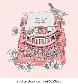 Vintage Typewriter with a Chamomile flowers and bird on a light pink background. Vector illustration.