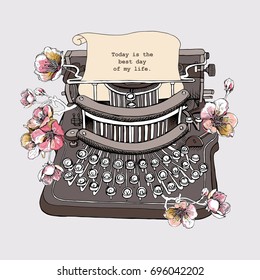 Vintage Typewriter with a cherry flowers. Vector illustration.