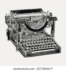 Vintage typewriter illustration. Classic typewriter design, showcasing keys and levers. Retro typewriter art, perfect for vintage enthusiasts. Vintage illustration isolated, vector.