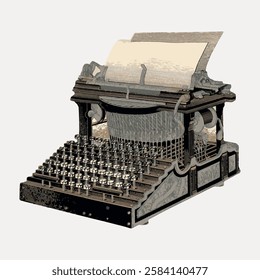 Vintage typewriter illustration with intricate details, showcasing an antique design. The typewriter features keys and paper, emphasizing its classic style. Vintage art illustration, vector.