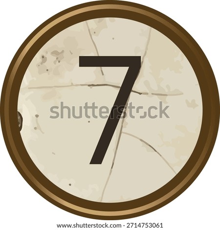 Vintage typewriter key with number 7, cracked paper texture and round metal rim, isolated on blank background. Nostalgia, retro memory, analog craft, countdown. Cartoon vector illustration.