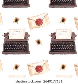 Carta de máquina de escrever vintage Padrão sem costura - Ilustração em aquarela para presentes de escritor, papelaria e decoração de livros. Vintage fundo marrom tonificado. 