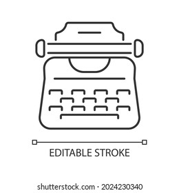 Vintage typewriter linear icon. Antique mechanical machine. Producing characters on paper. Thin line customizable illustration. Contour symbol. Vector isolated outline drawing. Editable stroke