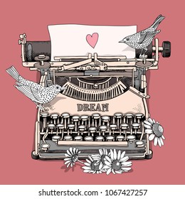 Vintage typewriter machine with a picture pink heart on a paper, birds and Chamomile flowers. Vector illustration.
