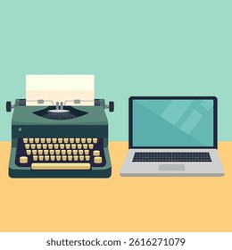 A vintage typewriter next to a laptop for the concept of old vs new technology. A comparison of retro media and classic journalism from the 60s and a modern, online publishing software in the 2000s