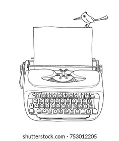 vintage  typewriter portable retro with paper and bird  hand drawn vector line art illustration