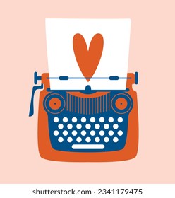 Vintage typewriter with printed sheet of paper and red heart. Creative Valentine's Day card template with cute hand drawn illustration. Love concept. Retro device, analogue typewriter machine.
