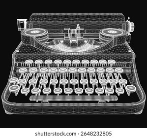 Máquina de escrever vintage renderizada em 3D realista com teclas intrincadas e detalhes de metal, isolada em um fundo preto elegante para alto contraste. O design nostálgico destaca artesanato e retro.
