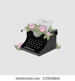 vintage typewriter surrounded by beautiful flowers. inspirational poster, print on clothing, packaging paper