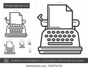 Icono de línea vectorial de máquina de escribir vintage aislado en fondo blanco. Icono de línea de máquina de escribir para infografía, sitio web o aplicación. Icono escalable diseñado en un sistema de cuadrícula.
