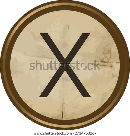 Vintage typewriter X keycap with worn texture, circular metal rim, and bold letter centered on aged paper surface. Symbol of retro writing, editorial craft. Cartoon vector illustration.