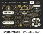 Vintage typographic decorative ornament design elements set vector illustration. Labels and badges, retro ribbons, luxury fancy logo symbols, elegant calligraphic swirls, flourishes ornate vignettes.