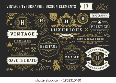 Vintage typographic decorative ornament design elements set vector illustration  Labels   badges  retro ribbons  luxury fancy logo symbols  elegant calligraphic swirls  flourishes ornate vignettes 