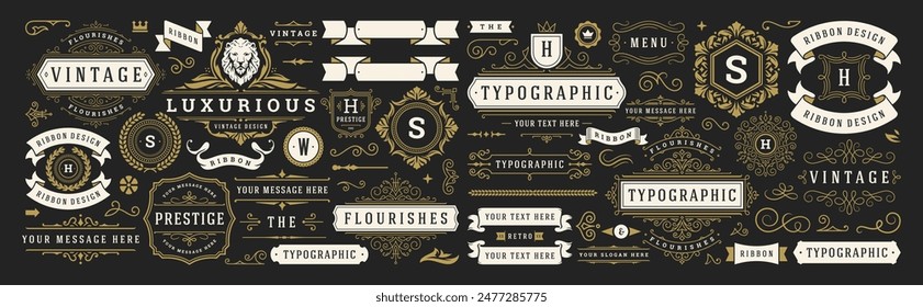 Vintage typographic decorative ornament design elements set vector illustration. Labels and badges, retro ribbons, luxury fancy logo symbols, elegant calligraphic swirls, flourishes ornate vignettes.