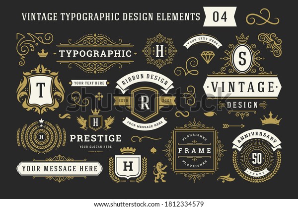 Vintage typographic decorative ornament design\
elements set vector illustration. Labels and badges, retro ribbons,\
luxury fancy logo symbols, elegant calligraphic swirls, flourishes\
ornate vignettes.