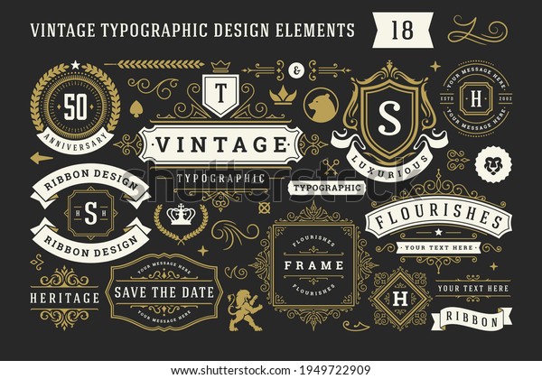Vintage typographic decorative ornament design\
elements set vector illustration. Labels and badges, retro ribbons,\
luxury fancy logo symbols, elegant calligraphic swirls, flourishes\
ornate vignettes.
