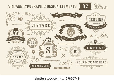 Vintage typographic design elements set vector illustration. Labels and badges, retro ribbons, luxury ornate logo symbols, calligraphic swirls, flourishes ornament vignettes and other.