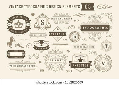 Vintage typographic design elements set vector illustration. Labels and badges, retro ribbons, luxury ornate logo symbols, calligraphic swirls, flourishes ornament vignettes and other. - Shutterstock ID 1552826669