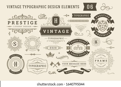 Vintage typographic design elements set vector illustration. Labels and badges, retro ribbons, luxury ornate logo symbols, calligraphic swirls, flourishes ornament vignettes and other.