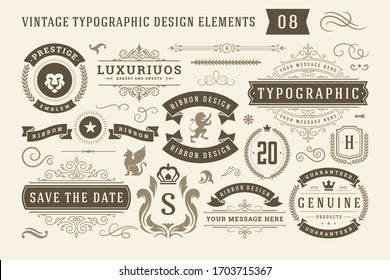 Vintage typographic design elements set vector illustration. Labels and badges, retro ribbons, luxury ornate logo symbols, calligraphic swirls, flourishes ornament vignettes and other. - Shutterstock ID 1703715367
