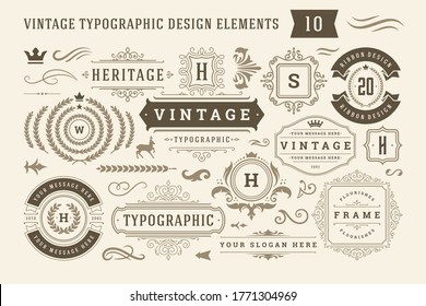 Vintage typographic design elements set vector illustration. Labels and badges, retro ribbons, luxury ornate logo symbols, calligraphic swirls, flourishes ornament vignettes and other.