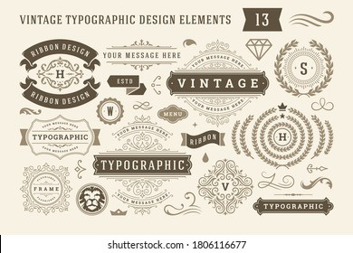 Vintage typographic design elements set vector illustration. Labels and badges, retro ribbons, luxury ornate logo symbols, calligraphic swirls, flourishes ornament vignettes and other.