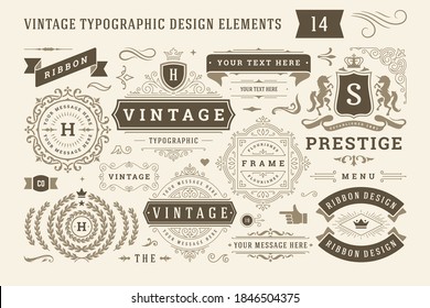 Vintage typographic design elements set vector illustration. Labels and badges, retro ribbons, luxury ornate logo symbols, calligraphic swirls, flourishes ornament vignettes and other.