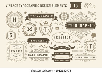 Vintage typographic design elements set vector illustration. Labels and badges, retro ribbons, luxury ornate logo symbols, calligraphic swirls, flourishes ornament vignettes and other. - Shutterstock ID 1912132975