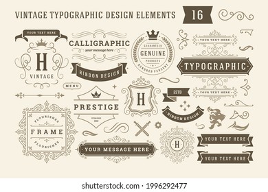 Vintage typographic design elements set vector illustration. Labels and badges, retro ribbons, luxury ornate logo symbols, calligraphic swirls, flourishes ornament vignettes and other.